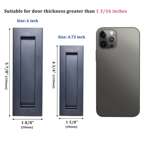 Comparison of 5.91 inch and 4.72 inch Matte Black Flush Sliding Closet Door Handles Set Of 2 next to smartphone for size reference.