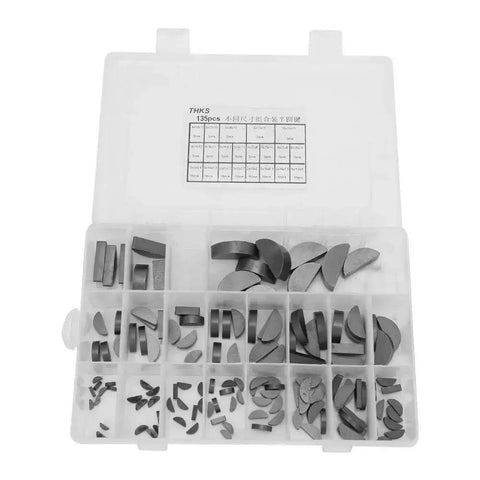135 Piece Woodruff Key Half Moon Set for Gear Shafts Flywheels Pulleys and Cranks in a plastic organizer box.