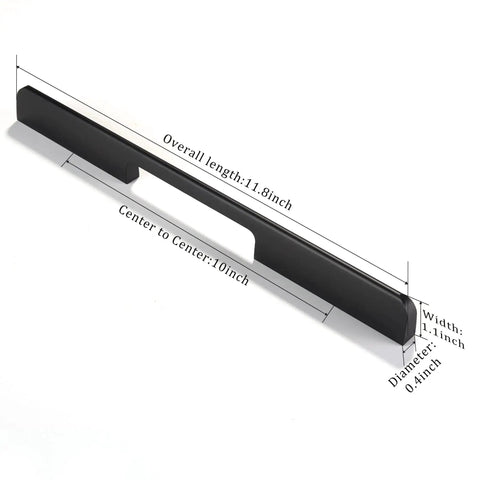 10 Inch Hole Center Matte Black Cabinet Pulls Set of 5 Modern Bar Handles, side view with dimensions labeled, Euro Style aluminum alloy.