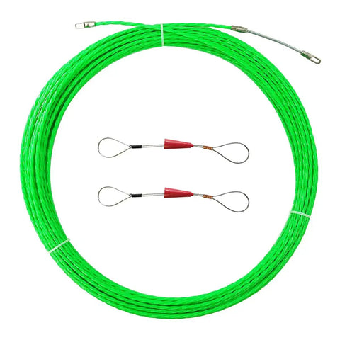 Bright green 30M 100ft Fish Tape Cable Puller Kit For Through Wall Wiring Flexible Yet Rigid Design with 4mm PET cable puller, duct rodder.