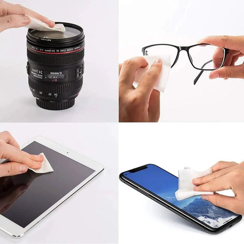Using Lint Free Lens Cleaning Tissues 4x3 Inches for Microscope Lenses 250 Sheets on a camera lens, glasses, tablet, and smartphone.