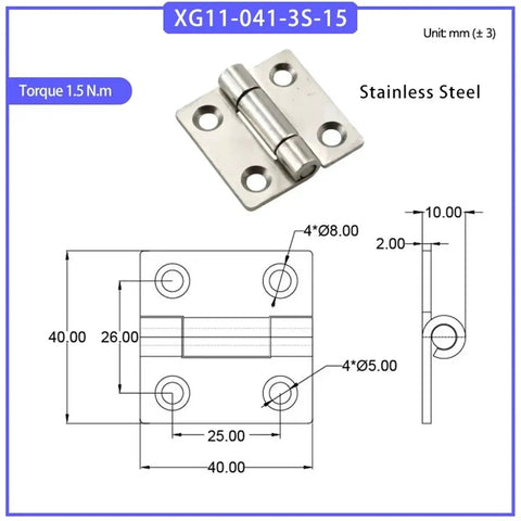 Front view of stainless steel square damping hinge with four mounting holes, 40x40 mm plate, 1.5 Nm torque
