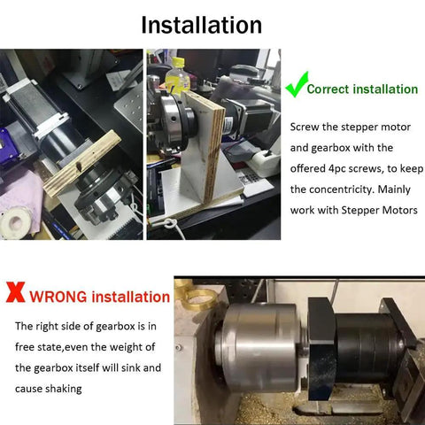 Correct and incorrect installation of Planetary Gearbox 20 To 1 Gear Head Nema 34 with stepper motors examples.