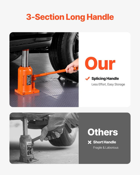 50 Ton Hydraulic Bottle Jack With 11 To 17 Inch Lift And 3 Section Handle lifting a vehicle with orange handle