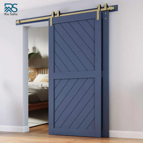 Gold Bypass Barn Door Hardware Kit For Double Doors 79 Inch Single Track Aluminum Rail With Brushed Brass Finish Hardware Only Includes All Mounting Hardware For Quick Hang Of Two Panel Doors installed on blue doors.
