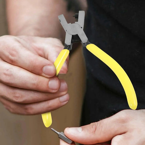 Person using Handheld Single Hole Punch Plier For Paper And Tags With 2mm Metal Punch Lightweight Manual Puncher in yellow