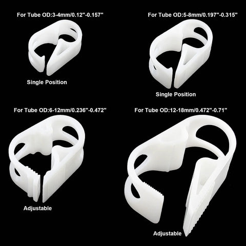 Kyuionty white plastic tubing clamps; four adjustable lab clamps for 3–4mm, 5–8mm, 6–12mm, or 12–18mm tubes