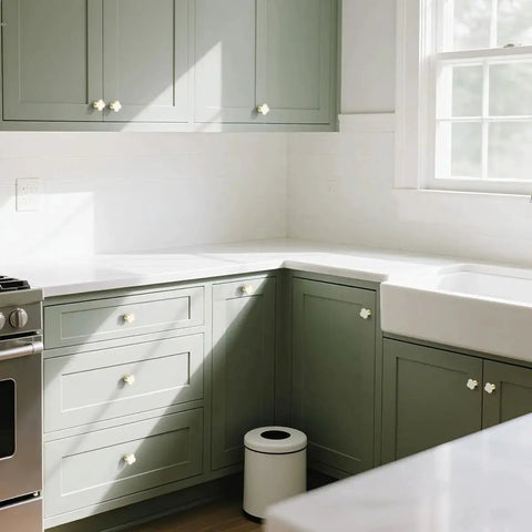 Kitchen cabinets with Six Pack White Dresser Knobs Set Featuring Pearl Clover Design With Gold Finish For Cabinets And Drawers installed
