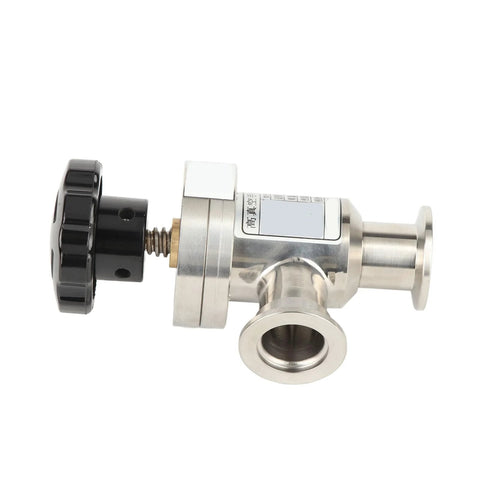 KF25 valve, 304 stainless steel high-vacuum manual right-angle isolation valve with black handwheel.