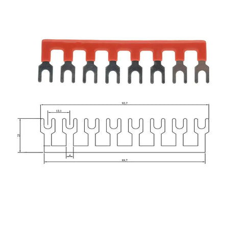Eight Position Jumper Block Terminal Strips 400V 25A Barrier Fork Type TB2508 Pre Insulated Red And Black diagram front view