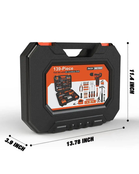 139 Piece Tool Set With 8V Cordless Drill Driver In Sturdy Toolbox Case displayed with dimensions of 13.78 x 11.4 x 3.9 inches