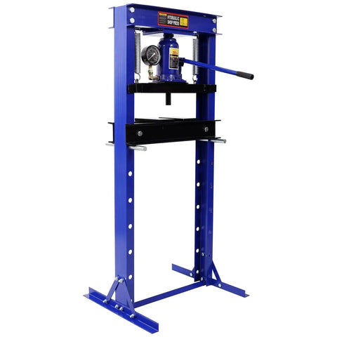 Front view of blue 20 Ton Hydraulic Floor Press With Gauge H Frame For Ball Joints And Bushings, featuring adjustable bed.