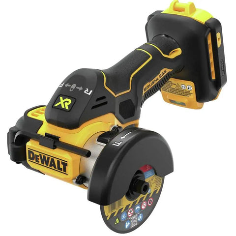 20V Max XR Brushless Cut Off Tool From DEWALT, Compact Bare Tool DCS438B, shown with attached cutting wheel.