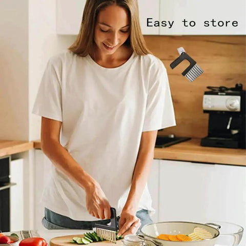 Woman using Wavy Crinkle Cutter Knife For Veggies And Potatoes With Stainless Steel Blade And Rust Resistant ABS Handle Serrated Chopper.