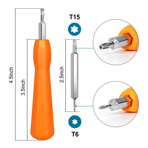 Close-up of double-ended driver with 4.5-inch orange handle, showing T6 and T15 Torx ends, part of Video Doorbell Security Screw Kit 20 Pieces Torx.