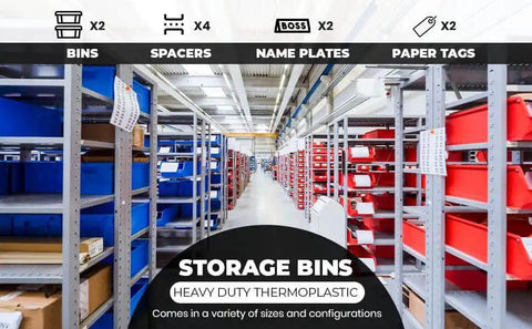 Warehouse aisle with Blue Heavy Duty Thermoplastic Storage Bin Organizer Built To Last, Stackable And Hangable, for tools and parts.