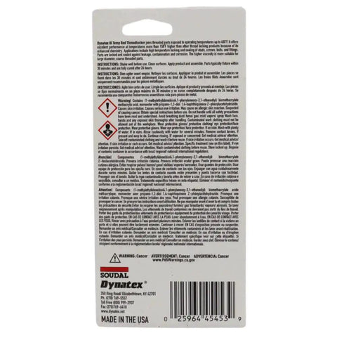 Back packaging of Red Hi Temp Threadlocker For High Temperature Fasteners Up To 450 Degrees F 1.22 Oz Bottles Three Pack
