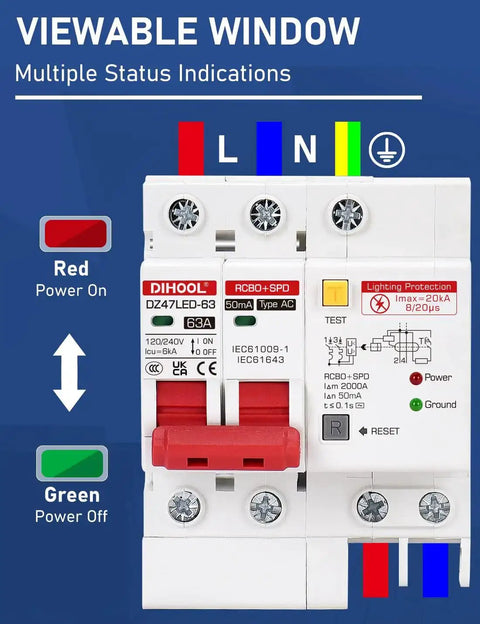 Heavy Duty Ground Fault Circuit Breaker With Surge Protection For DIN Rail Mount Two Pole 63 Amp 120V To 240V AC Leakage Trip 30mA Short Circuit Protection And Circuit Isolation showing multiple status indicators and power settings