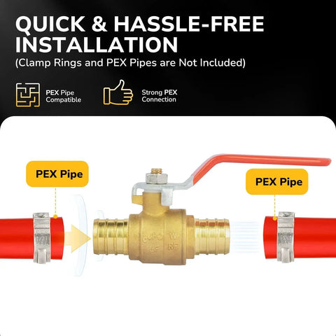 Value Packed Three Quarters Inch PEX Ball Valve Brass Full Port Shutoff With PEX Crimp Fittings One Quarter Turn Handle For Hot And Cold Water Systems Red Blue Handles UPC Certified Lead Free 2 Pack KAINGA, brass valve with red handle and PEX pipes.