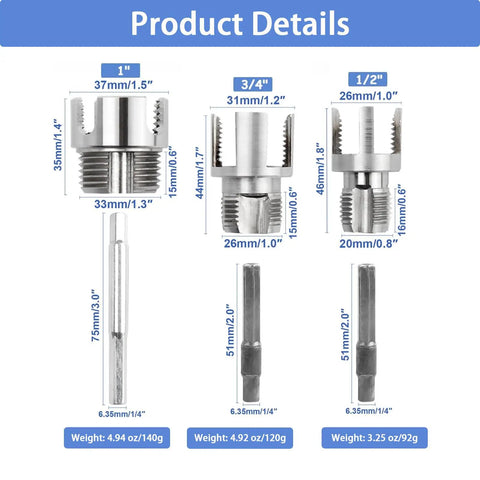 Product details of 2026 New Pipe Tapping And Threading Tool For PVC Pipes One Half Three Quarter And One Inch Sizes Pro Grade Carbon Steel Dual Function Internal And External Threader Compatible With All Electric Drills Fast And Durable All In One Tool including dimensions and weights for each size.