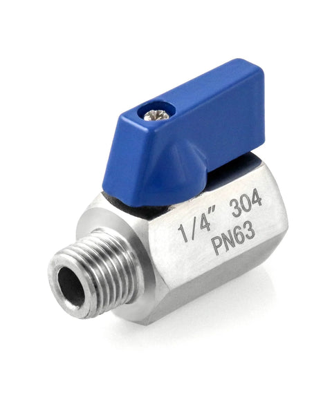 QWORK mini ball valve, 1/4" NPT, stainless steel with blue lever, male and female ends