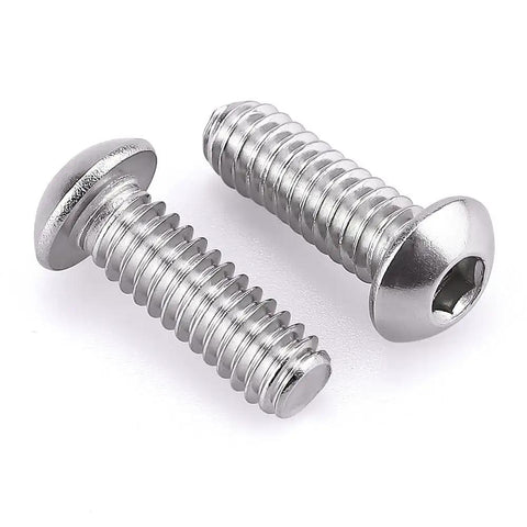 1/4-20 Button Head Socket Cap Bolts 3/4 Inch Stainless Steel 304 18-8 With Allen Hex Drive Bright Finish Heavy Duty Full Thread Pack Of 25 For Furniture Auto DIY Projects, two bolts on white background