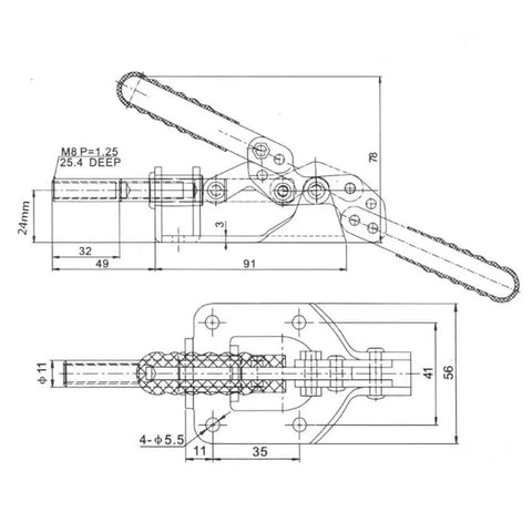 Technical drawing of Toggle Clamp Quick Release Push Pull Type Beefy Heavy Duty Clamp with dimensions and components shown.