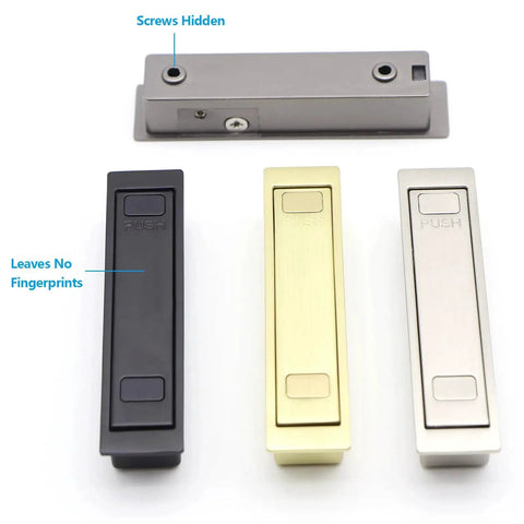 Multiple finishes of Pocket Door Pull Handle For Flush Mount Sliding Doors in brushed nickel, black, and gold with hidden screws.