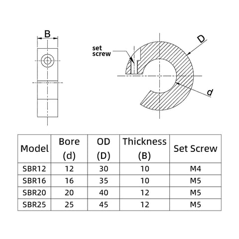 Technical drawing of a Clamp On Shaft Collar For SBR20 Linear Guides 20mm Bore 40mm Outer Diameter 12mm Thick Aluminum Alloy.