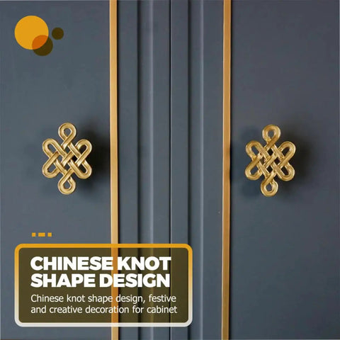 Chinese Knot Cabinet Pull Handle With Single Hole Design For Wardrobes Cabinets And Dressers, gold finish, installed on dark cabinet