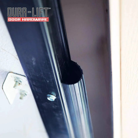 Premium EPDM Rubber Garage Door Weather Seal for 8 Foot Wide Double-T Doors by DURA-LIFT installed close-up view