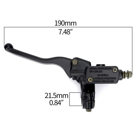 Left Hydraulic Brake Clutch Master Cylinder Lever With 8mm Banjo Bolt For 7 8 Inch Handlebars Fits Hydraulic Brake Or Clutch Systems On 90cc 110cc 125cc Chinese Pit Dirt Bikes Built To Last, side view with measurements
