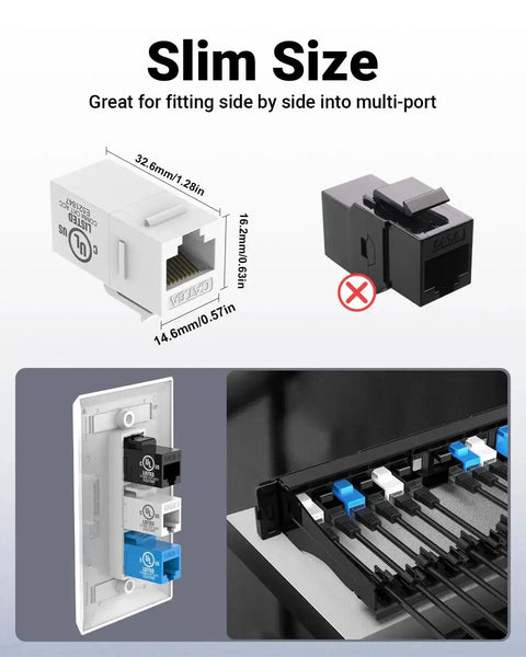 Image showing Cat6 RJ45 Keystone Coupler Female To Female Ethernet Jack Kit with dimensions and installation example, black, 25 Pack.