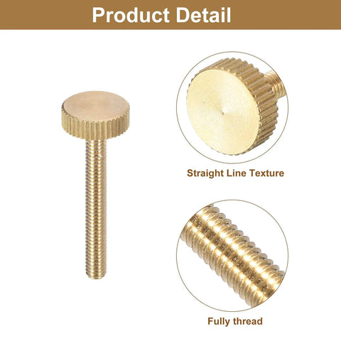 Knurled Thumb Screws M4x30mm Brass Fully Threaded Flat Head 4 Pack shown with close-up of thread and grip texture