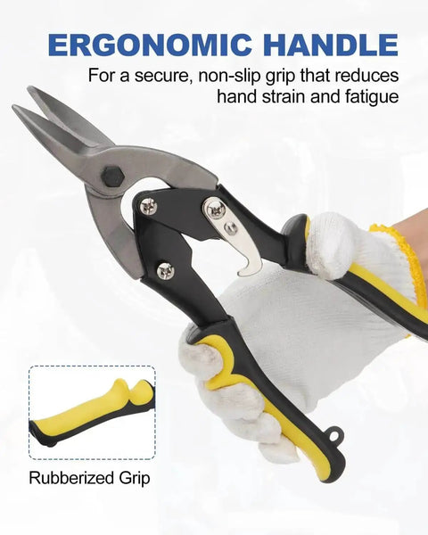 Heavy-Duty 4-Piece Tin Snips And Sheet Metal Bender Set, showing ergonomic handle of 10-Inch Aviation Snips with safety latch.