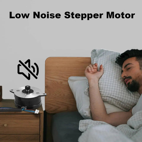 Premium Circular Stepper Motor for 3D Printers with 12 Tooth Gear beside sleeping man, illustrating low noise operation.