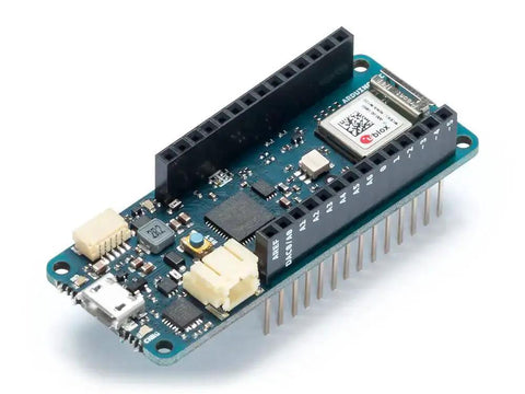 MKR WiFi 1010 Board with a 32-bit ARM Cortex M0 Plus Processor, built-in WiFi and Bluetooth, 14 digital I/O pins visible on the board.
