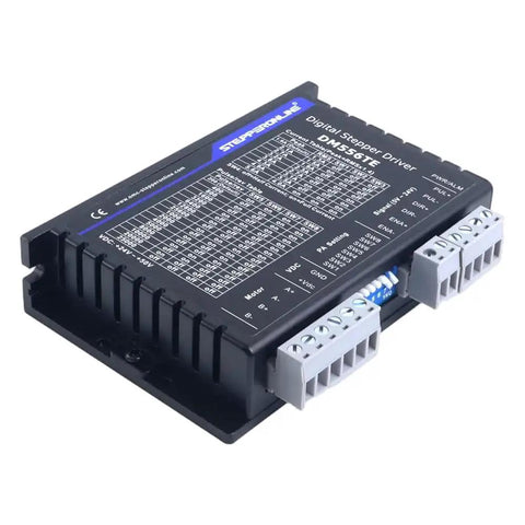 TE Series Digital Stepper Driver 1.8-5.6A 24-50VDC for Nema 23, 24, 34, showing connection ports and technical specs on casing.