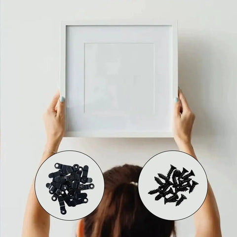 100 Piece Metal Picture Frame Turn Buttons And 100 Black Screws Set For Photo Frames With Transparent Storage Box shown with frame installation