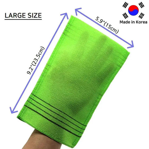 Green Korean Exfoliating Mitt Bath Washcloth For Back And Body Large 5.9 x 9.2 inches, made of 100% viscose rayon in use, made in Korea.