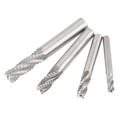 Rugged 4 Flute HSS Roughing End Mill Set For CNC Router Machines, 4 Piece Kit In M6 M8 M10 Sizes, High Efficiency Milling Beefed Up Strength Smooth Cuts And Clean Edges
