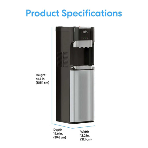 Side view of Bottom Load Water Dispenser for Five Gallon Bottles with hot, cold, and room temperature water, stainless steel finish.