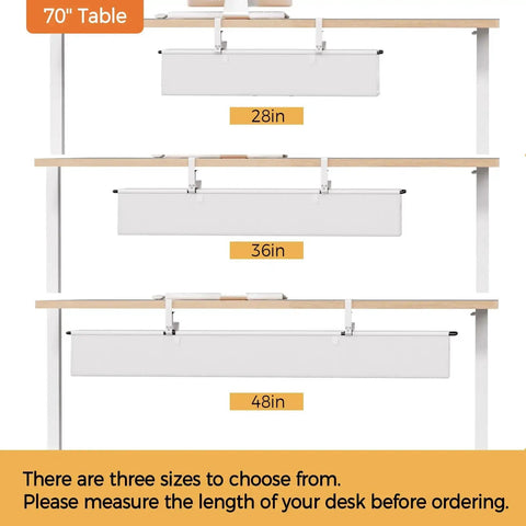 Three sizes of under desk cable management trays in white shown on a 70-inch table, including 28, 36, and 48 inches.