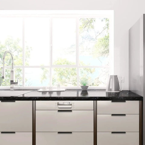 Installed 10 Pack 5 Inch Brushed Nickel Cabinet Pulls on modern kitchen drawers and cabinets with scenic window view.