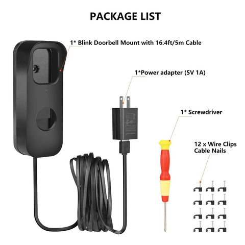 Package contents of 2in1 Power Cable With Adapter And Adhesive Doorbell Mount For Video Doorbell 1st 2023 Release No Drill Easy Install With Sixteen Point Four Feet Charging Cord, including doorbell mount, power adapter, screwdriver, and wire clips.