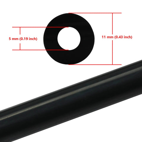Close-up of black silicone vacuum tubing hose with a circular washer showing 5 mm inner and 11 mm outer diameters.