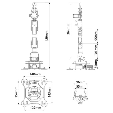 Robotic arm kit for Arduino, 6-axis, full-metal construction; blueprint views