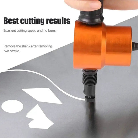 Pro Grade Double Head Sheet Metal Nibbler Drill Attachment cutting precise shapes with orange head on metal sheet