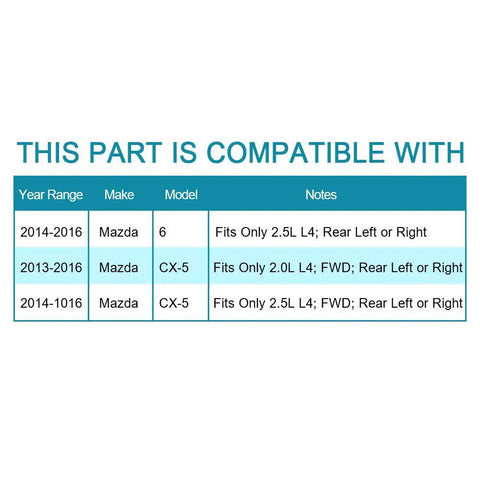 Compatibility chart for Rear Wheel Hub And Bearing Assembly 512519 For Mazda CX 5 2014 2020 5 Lug FWD 2 Pack Replacement