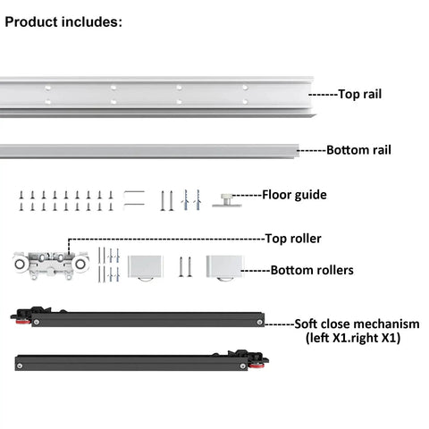 Components of the Concealed Wall Mounted Sliding Barn Door Hardware Kit With Soft Close Mechanism, No Floor Track, 42 Inch Size